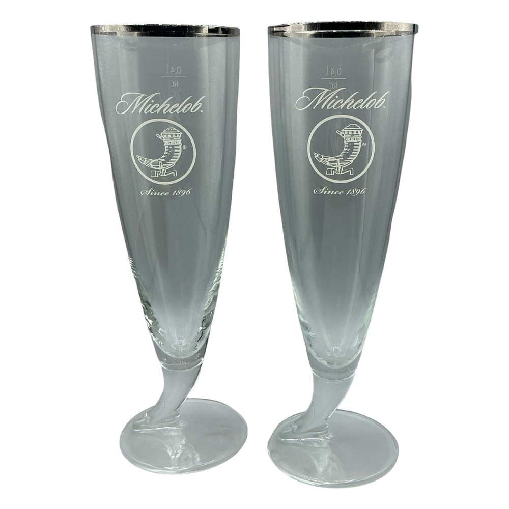 Michelob Beer Glass Horn Footed Silver Rim 0.4L Vintage Barware Set of 2